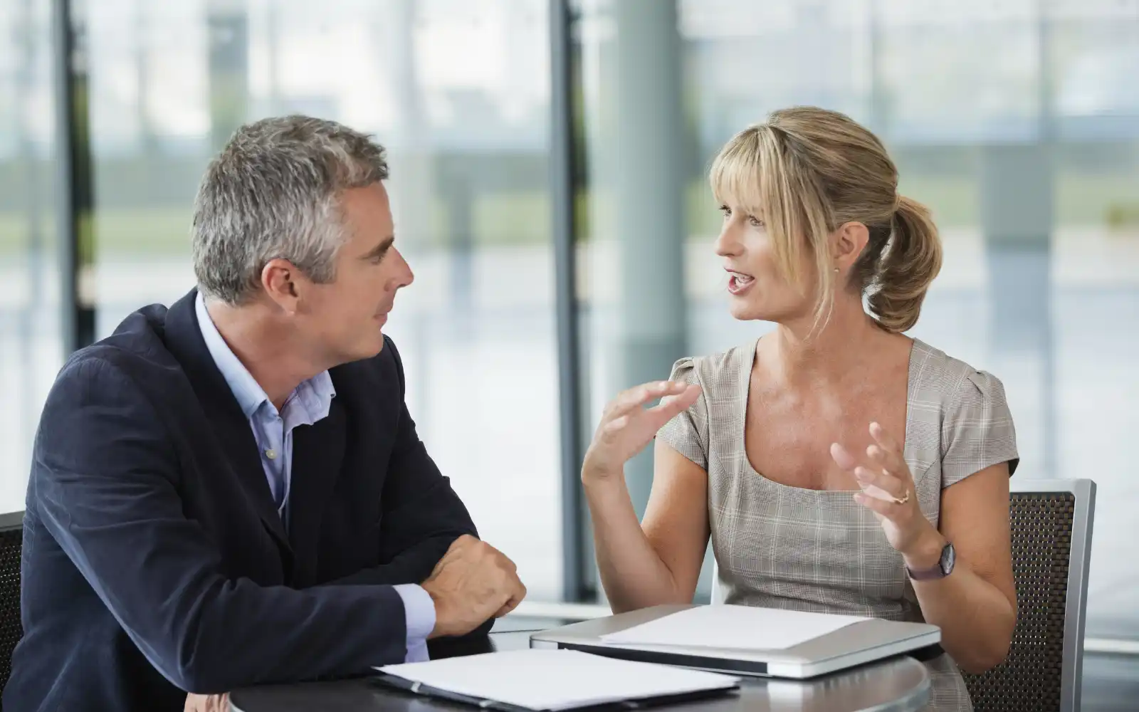 Man and woman in a conversation.